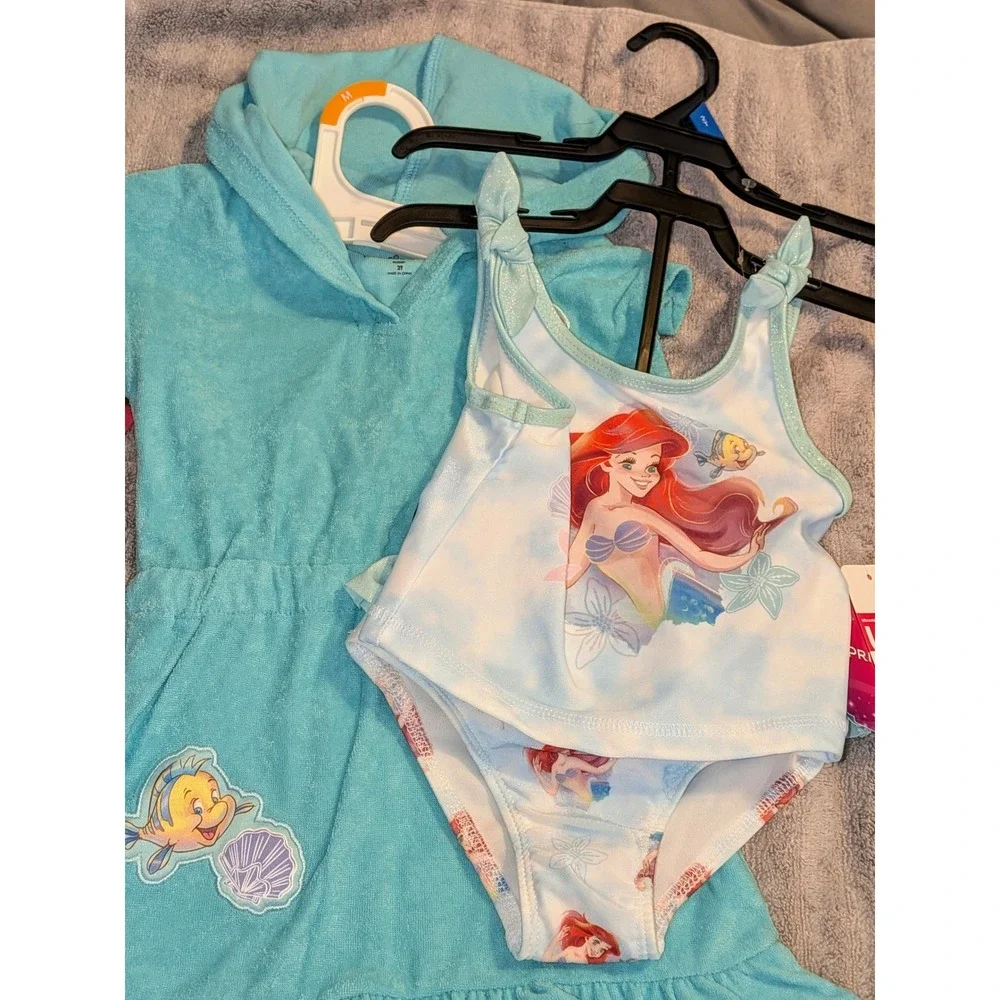 Disney Princess Ariel Little Mermaid Girls 2T 3 Piece Swimsuit Cover Up Set Aqua